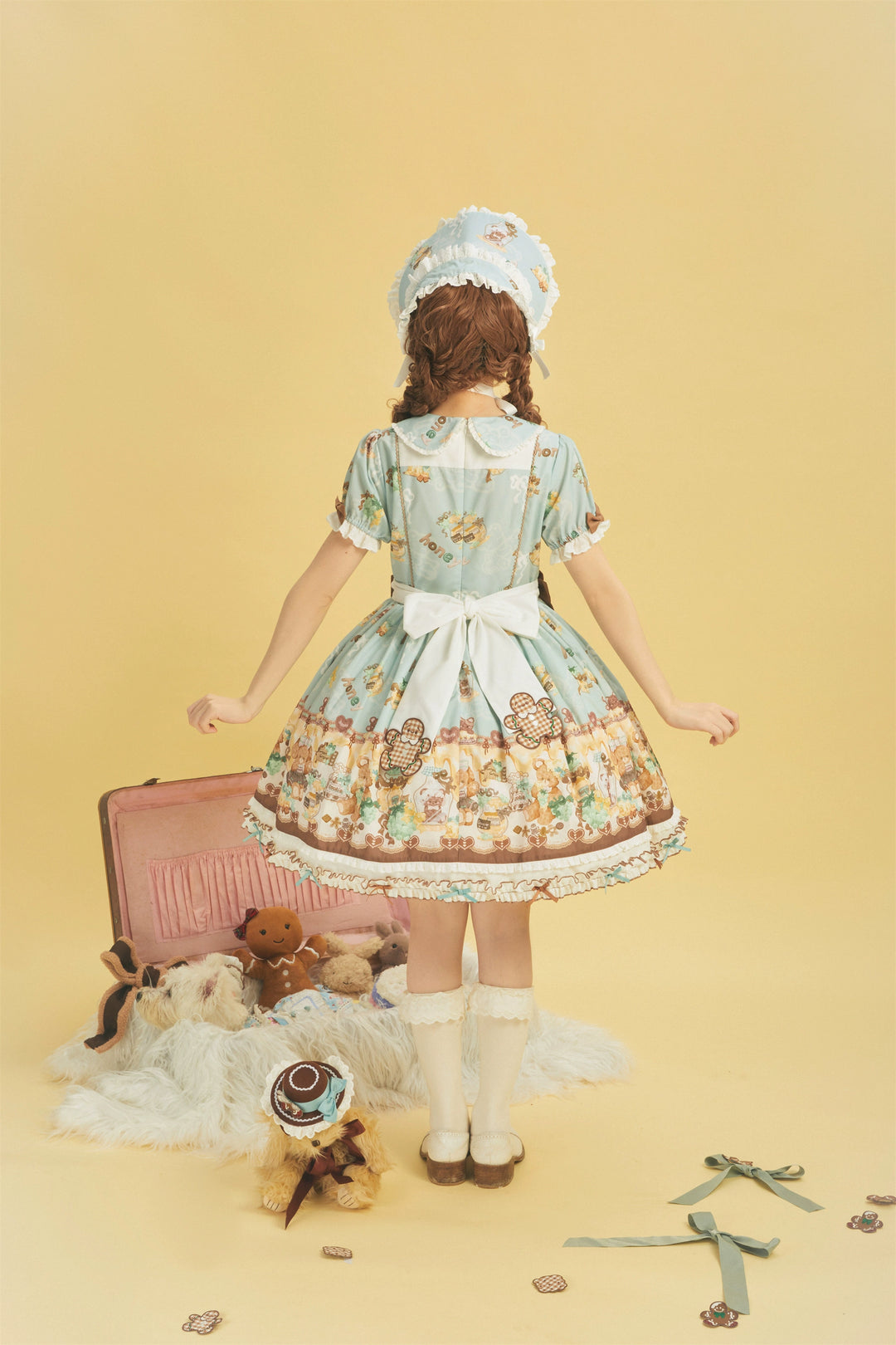 Babyblue~Little Bear Honey Jar~Kawaii Lolita Short Sleeve OP Gingerbread Man Embroidered Dress   