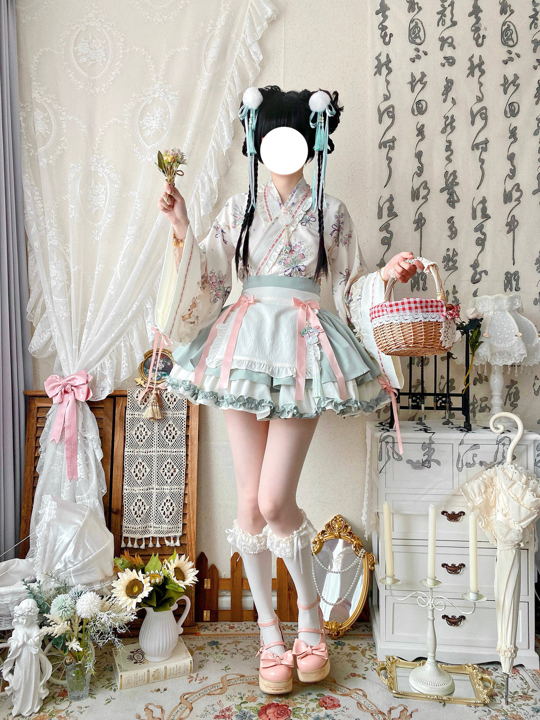 Qianmu~Little Herbalist~Han Lolita Skirt Outfit with Cross-collar Blouse and Apron