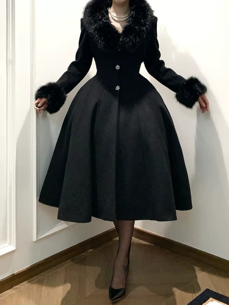 Black Mamba - Winter Elegant Lolita Coat, Detachable Fur Collar