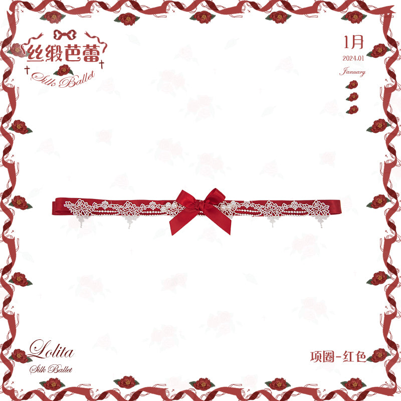 Mademoiselle Pearl~Silk Ballet~Wedding Lolita Veil Accessories Set Choker (Red)  