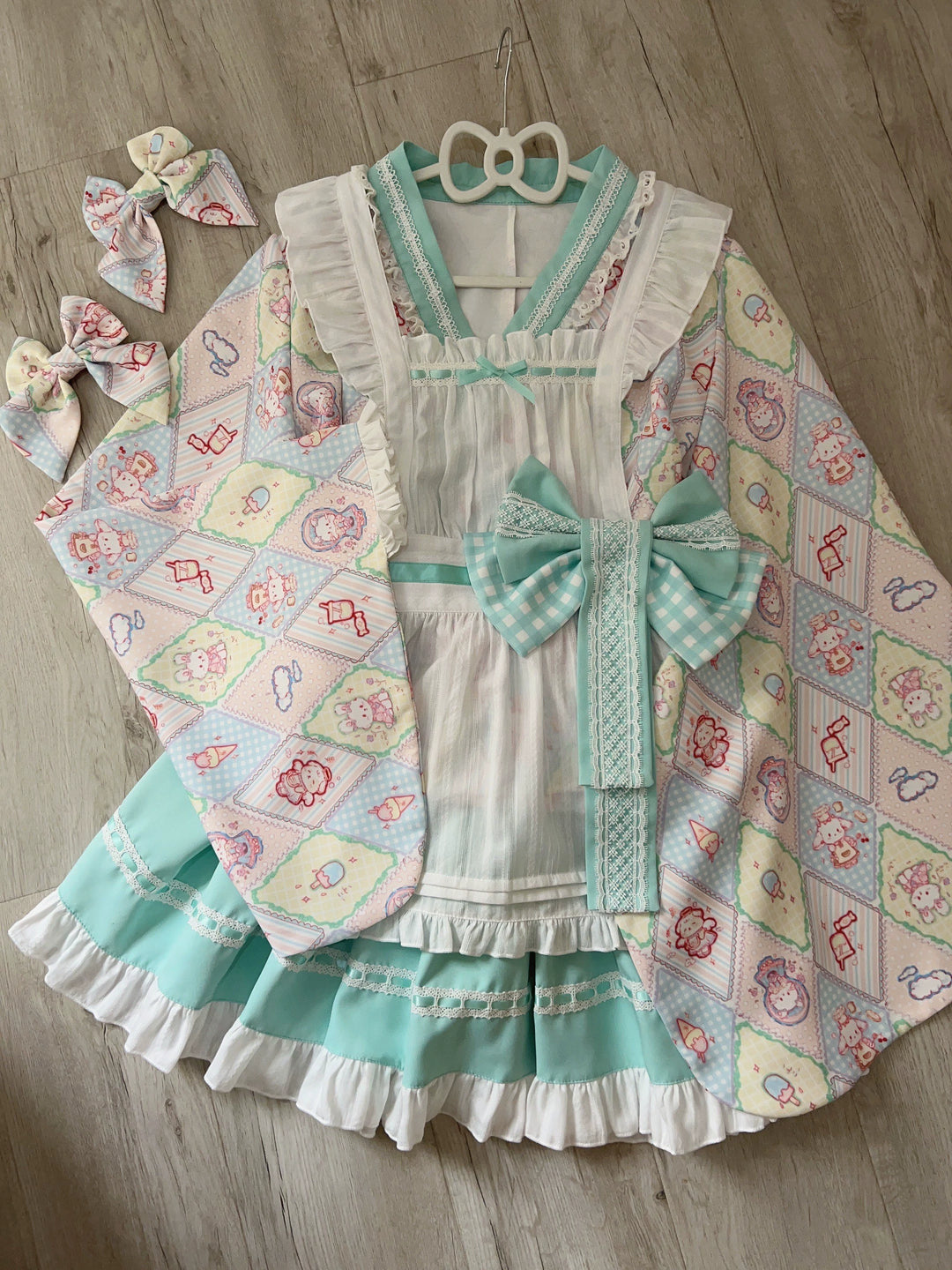 Sugar Girl~Showa Sweetness~Maid Wa Lolita Skirt Set Cute Summer Lolita Bow Apron S Green skirt + top + apron + waist bow 