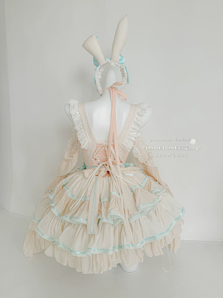 POSHEPOSE~Maid Bunny~Gorgeous Sweet Lolita OP Dress with Detachable Sleeves and Apron