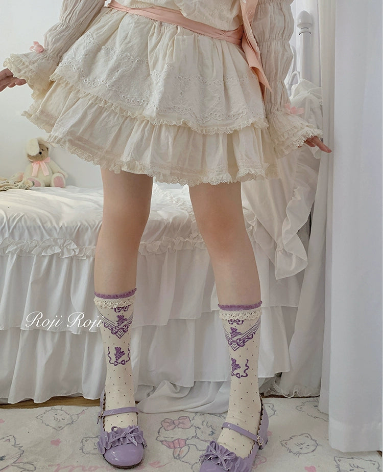 Roji Roji~Kawaii Lolita Bow Cotton Short Socks Free size Purple grapes 