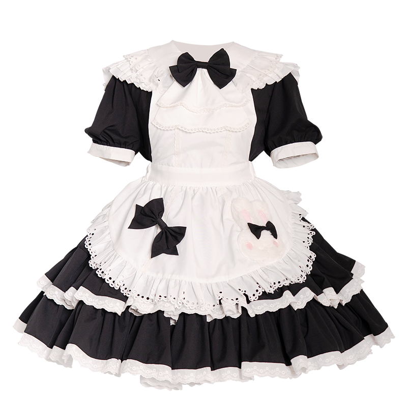 OCELOT~Leopard Bunny~Classic Maid Lolita OP with Apron and KC Black-white OP with apron and KC S