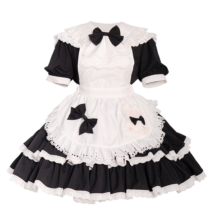 OCELOT~Leopard Bunny~Classic Maid Lolita OP with Apron and KC Black-white OP with apron and KC S