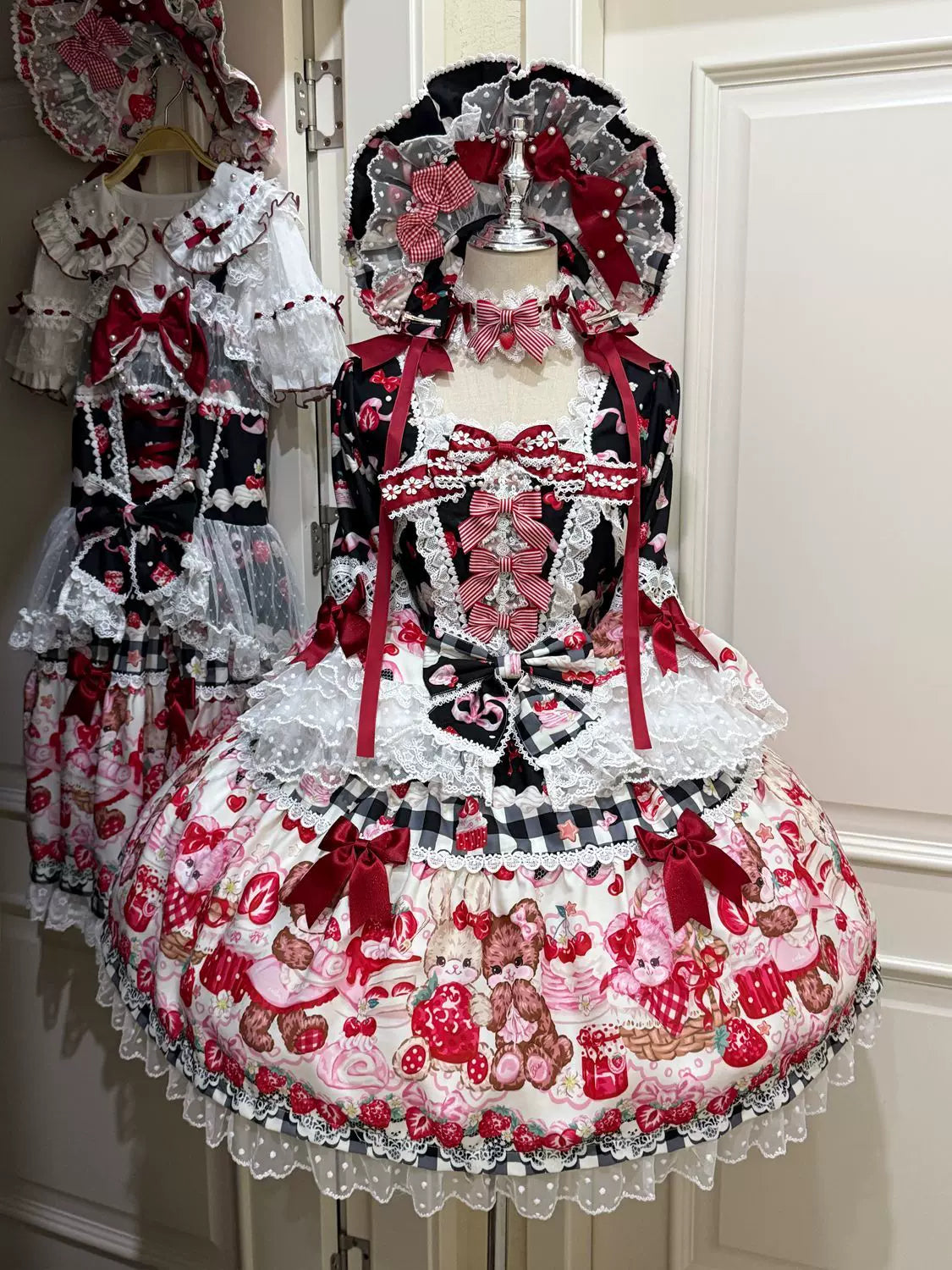 SweetBerry Bunny Bear - Sweet Lolita Hime Sleeve OP Dress, Strawberry and Bear Print Black - OP Only S