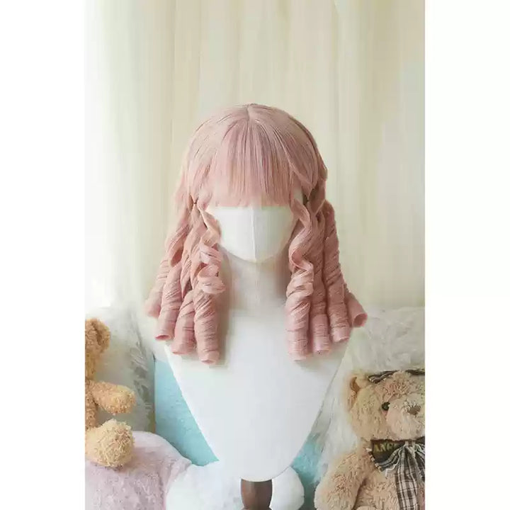 Imperial Tea~Retro Lolita Wig Short Roman Curl Hairpiece Grapefruit pink straight bangs with hairnet