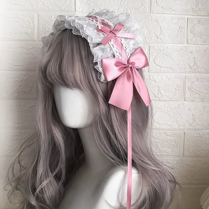 Sweet Lolita Lace Headbands, Ribbon & Bow White lace with dusty pink bow headband
