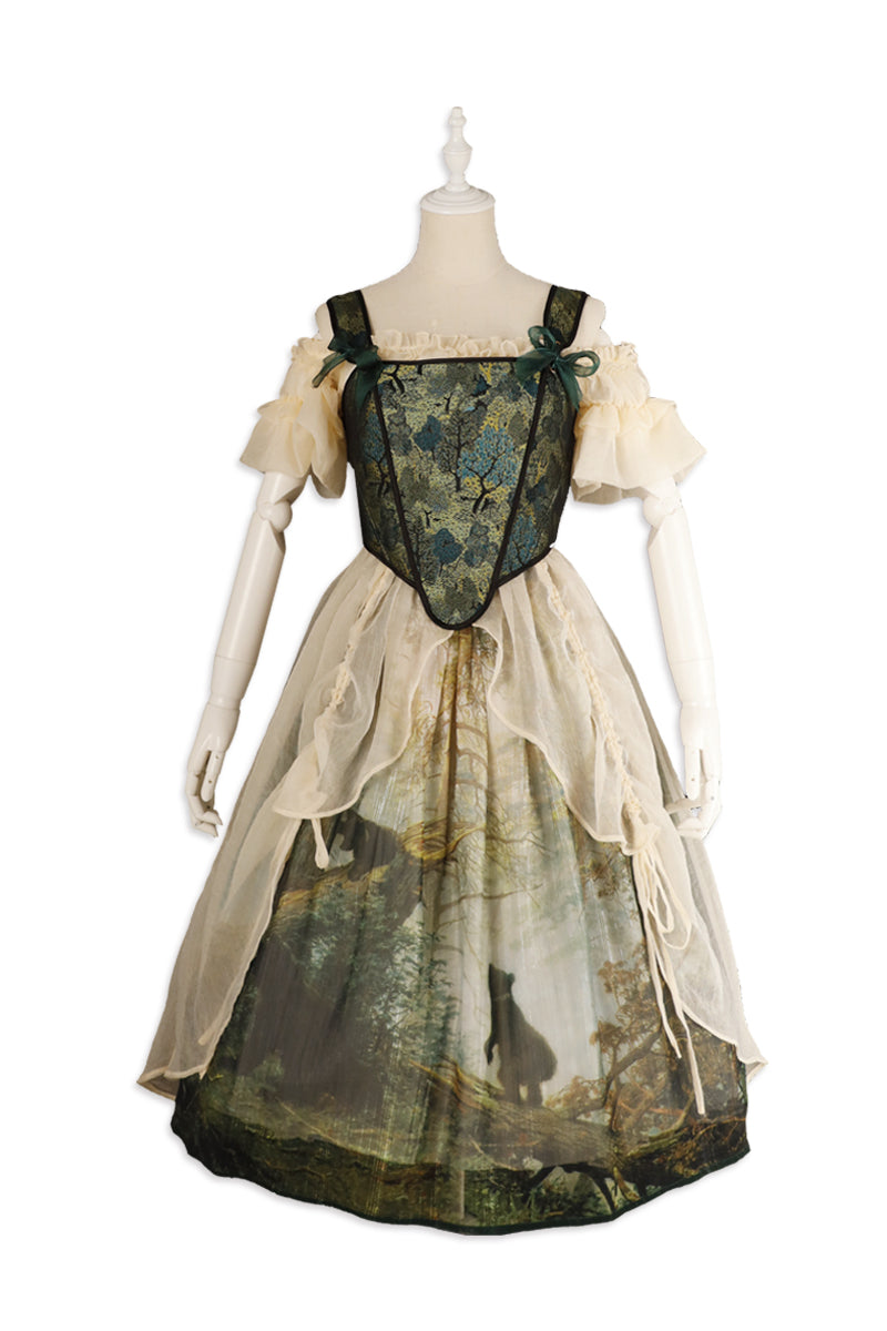 Cyan~Morning of Pine Forest~Elegant Lolita Bear Print Skirt S skirt+jacquard corset+ beige inner skirt 