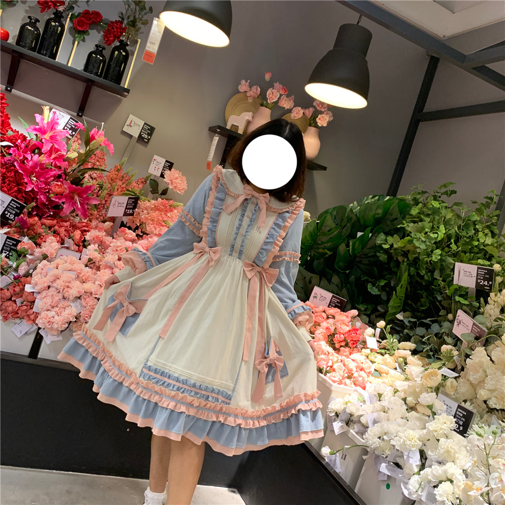 Niu Niu~Plus Size Lolita Dress Oversized OP Long Sleeve 2XL pink blue with off-white 