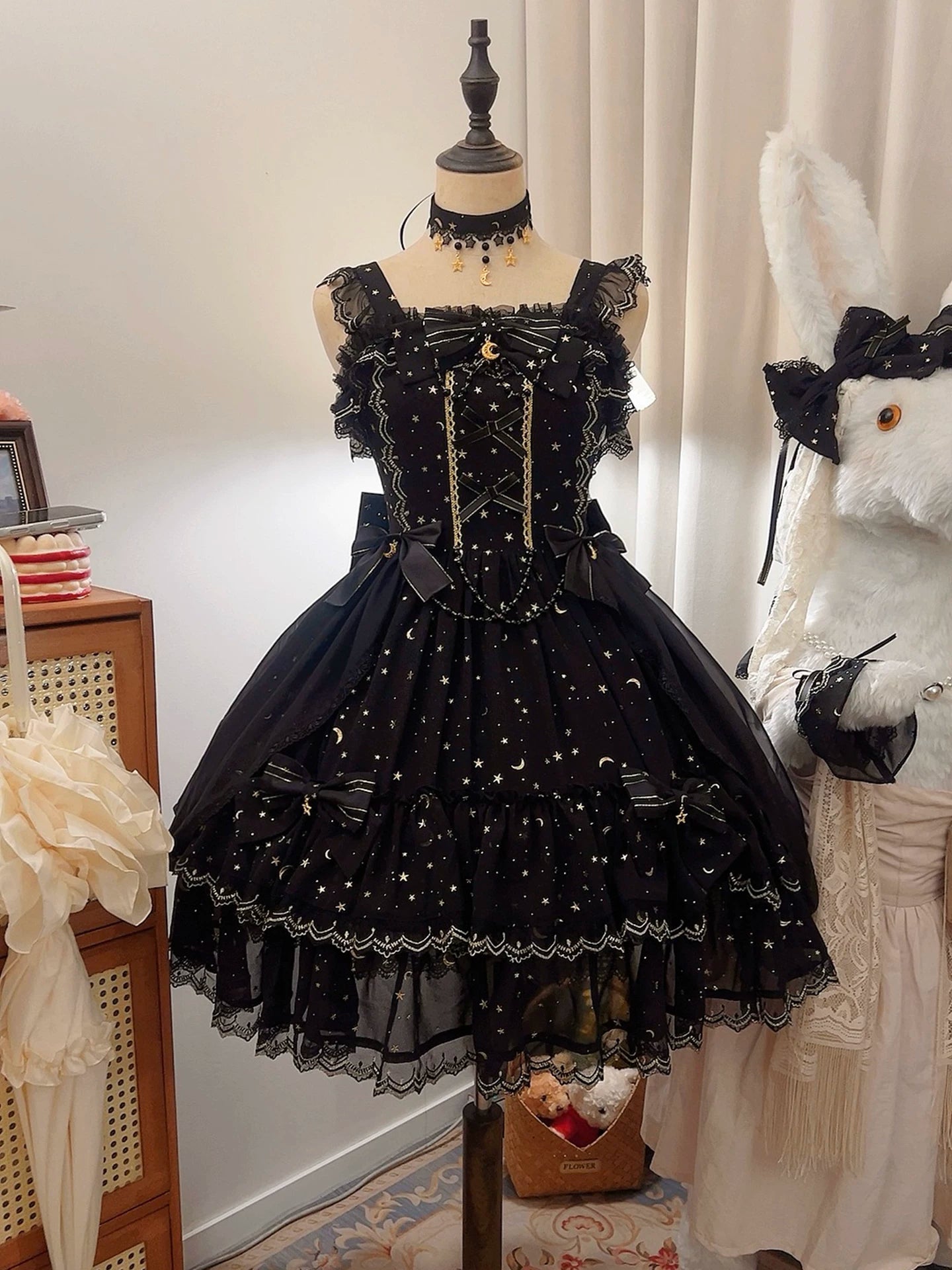 Starlight Nocturne - Black Cotton Lining Classic Lolita JSK, Star & Moon Gold Stamping (2XL 3XL 4XL 5XL 6XL L M S XL XS) 45743:860762