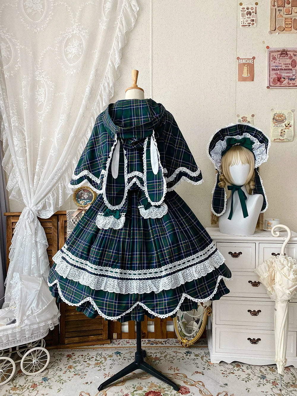 Plaid Petal Bunny - Old School Lolita Bunny Ear Cape, Lace-trimmed Petal Hem 45983:870720