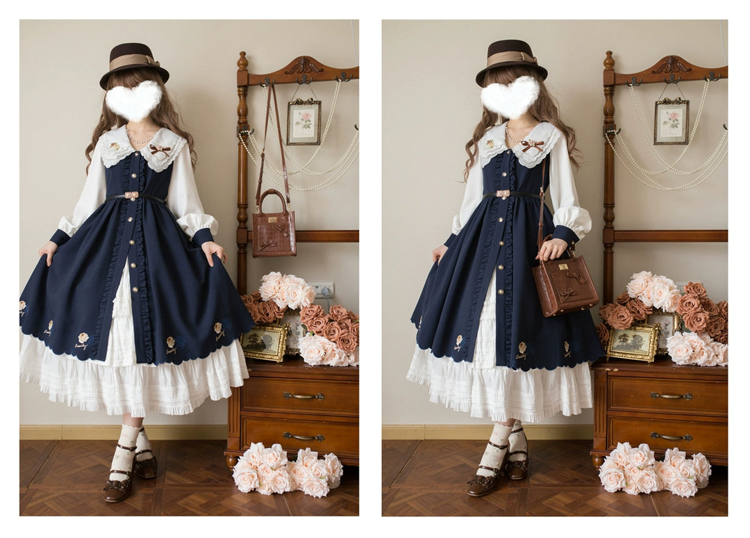 EESSILY~Window Rose~Classic Lolita OP Front Buttoned Embroidery Lolita Dress