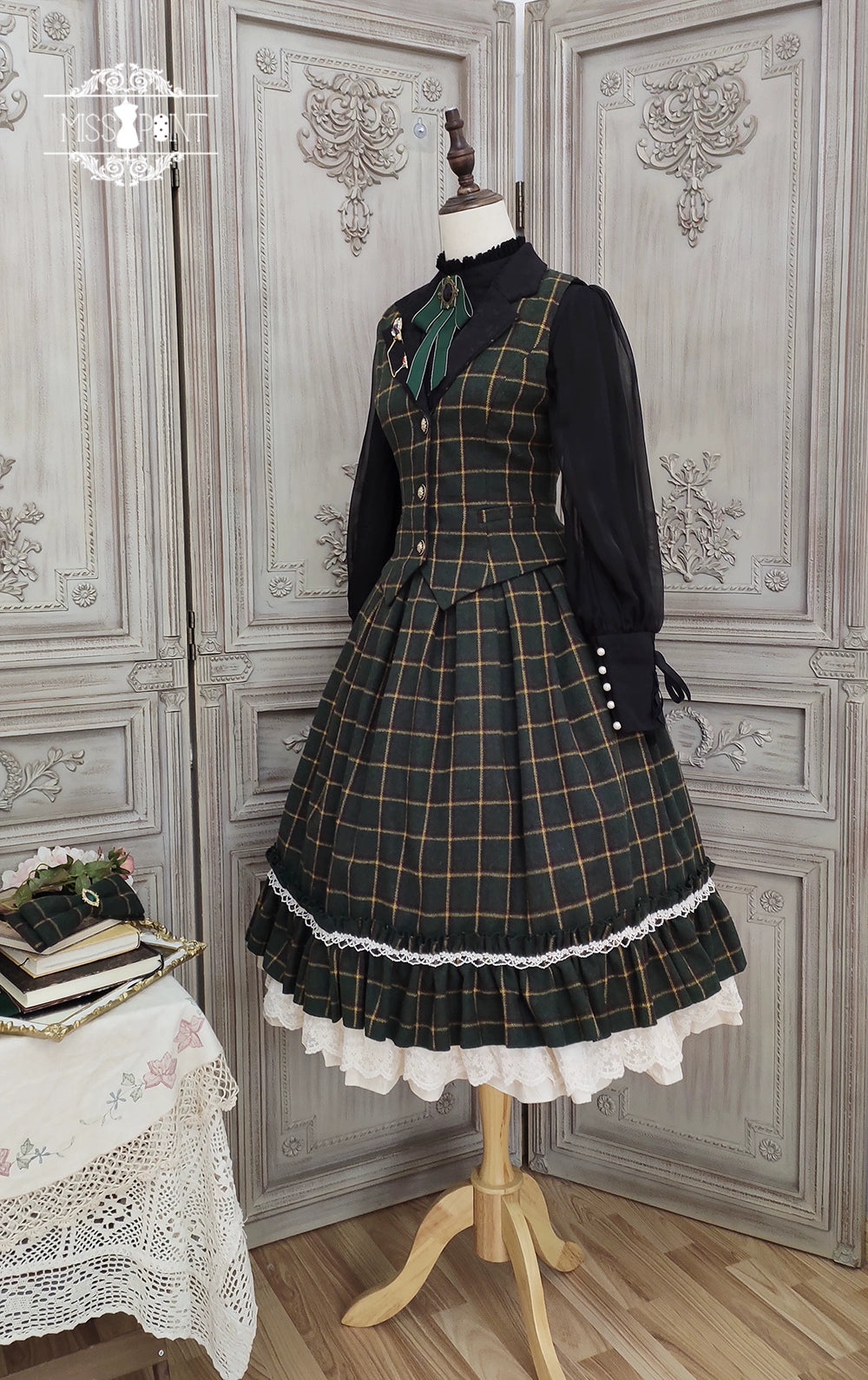 (BFM)Miss Point~Rose~Elegant Lolita Fishbone Grid Skirt Customized S dark green grid 