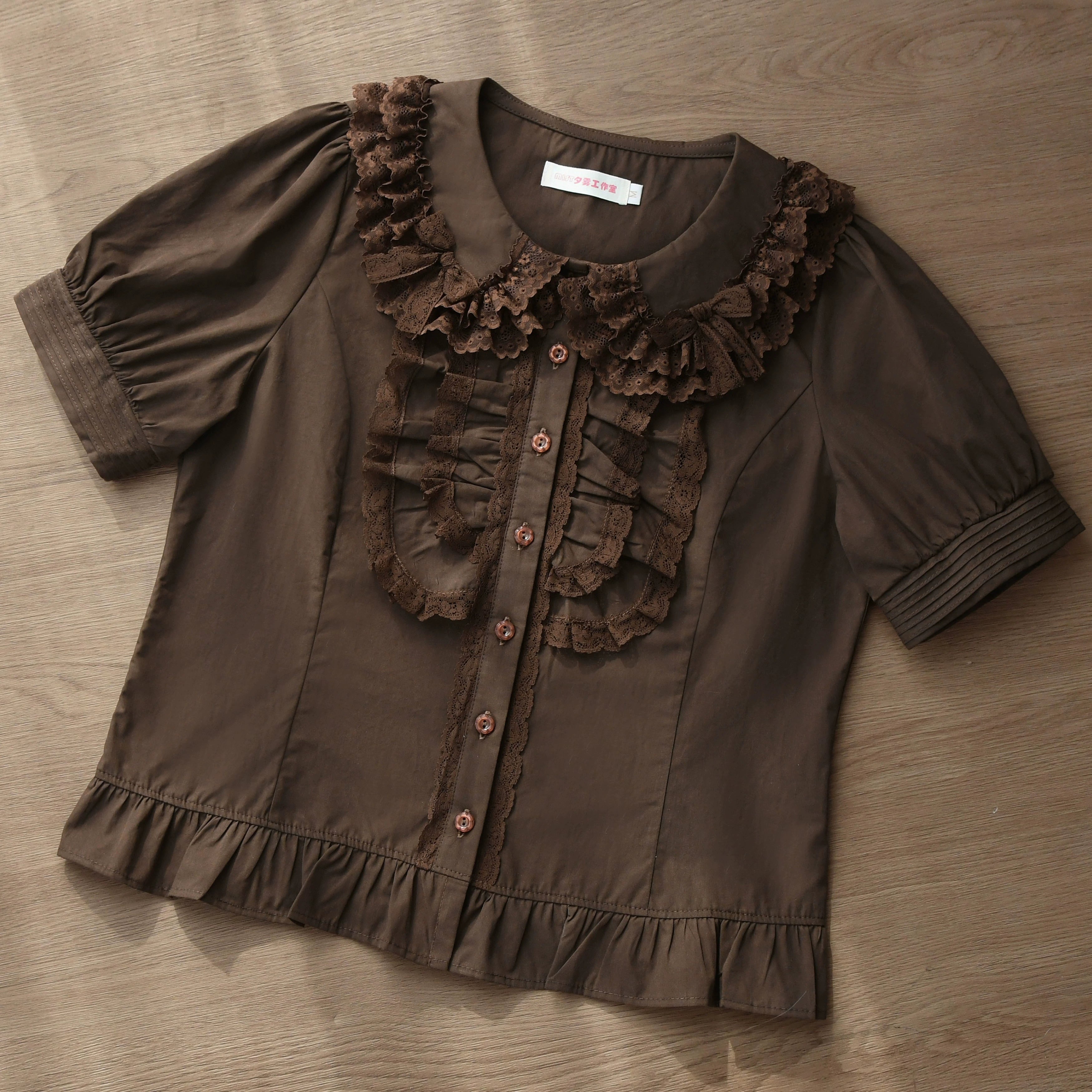 MIST - Semi-sweet Milk Cake - Sweet Lolita Short Sleeve Blouse with Lace Peter Pan Collar Coffee Brown - In Stock S