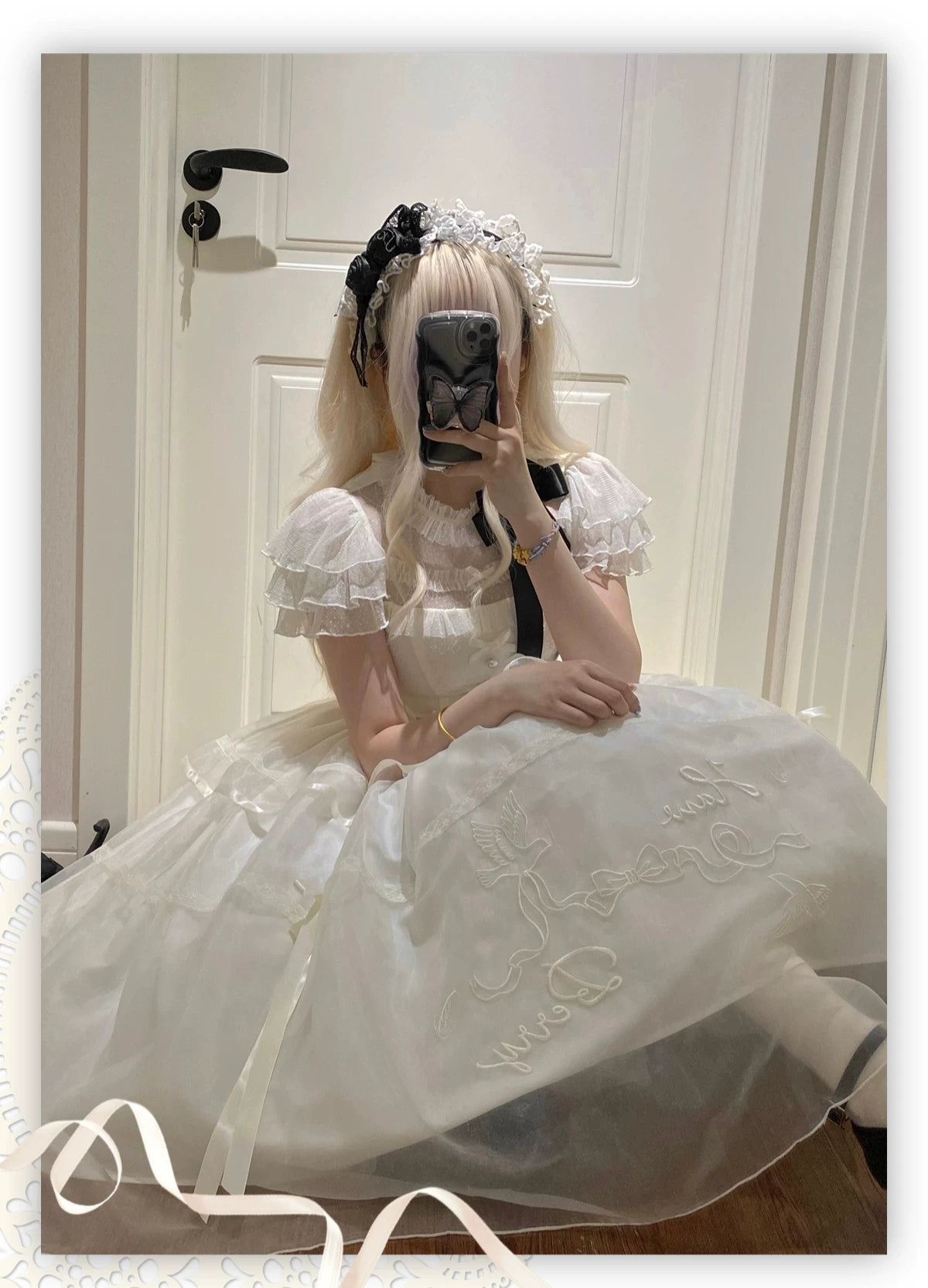 White Bird Love Letter - Classic Lolita Jacquard OP Dress, Embroidered Tulle Hem