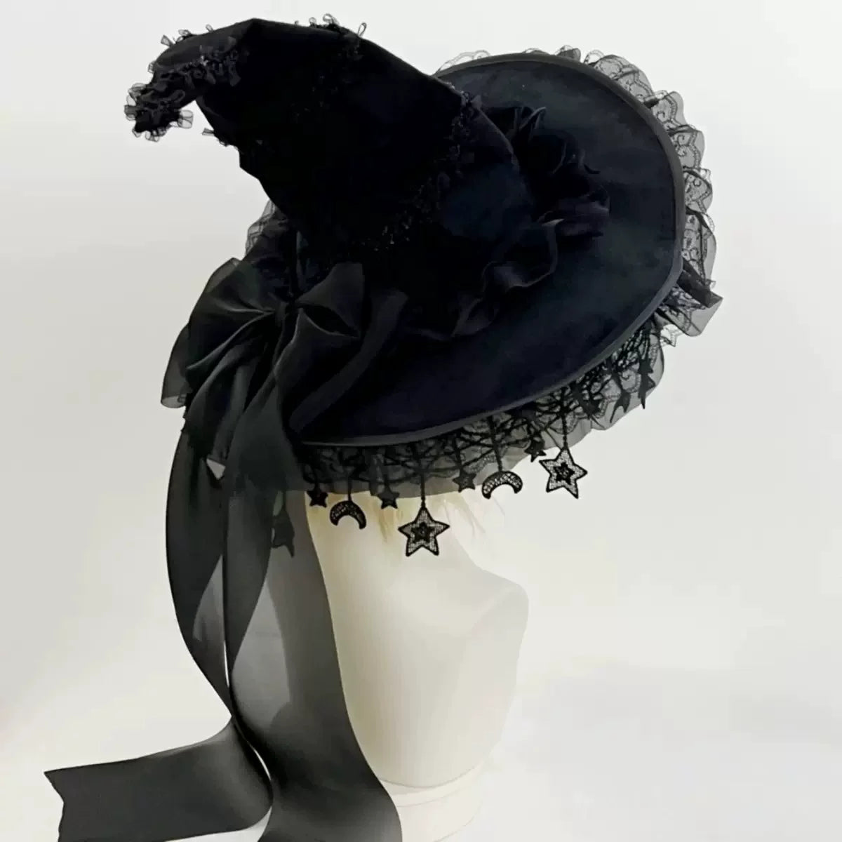 Gothic Lolita Witch Hat, Detachable Bow Black Hat (with moon & star brim) + Black Bow