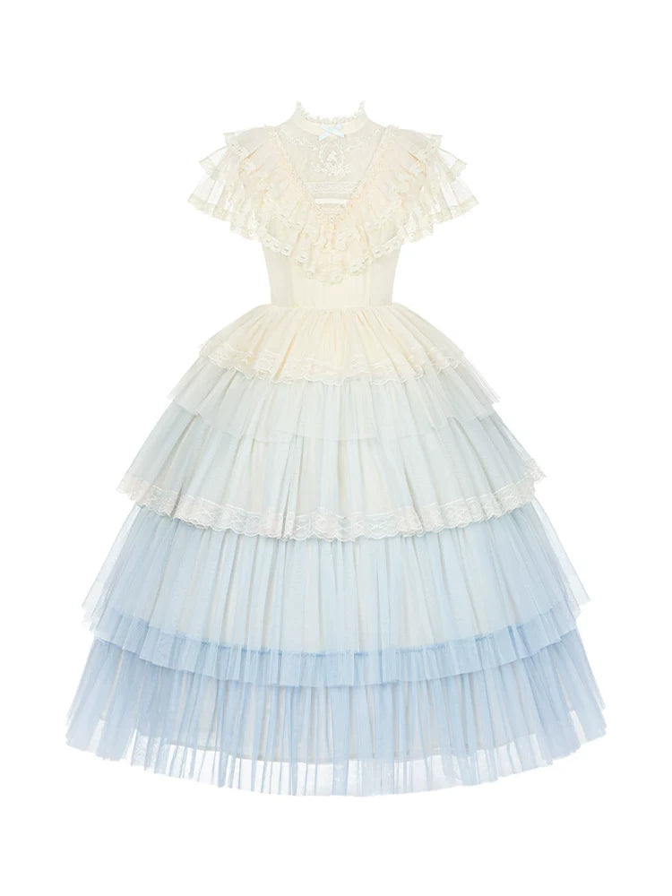 True Vow - Embroidered Classic Lolita Dress, Layered Gradient Hem Blue-beige Gradient OP Only S