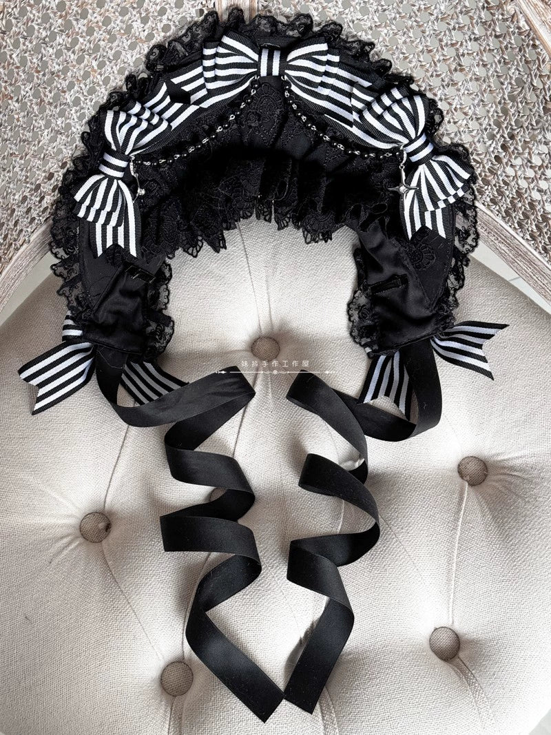 MAID~Gothic Lolita Hat Black and White Stripes Lolita Bonnet   