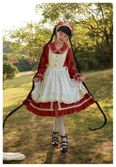 With PUJI~Makino Song~Country Lolita OP Dress Corduroy Apron Dress   