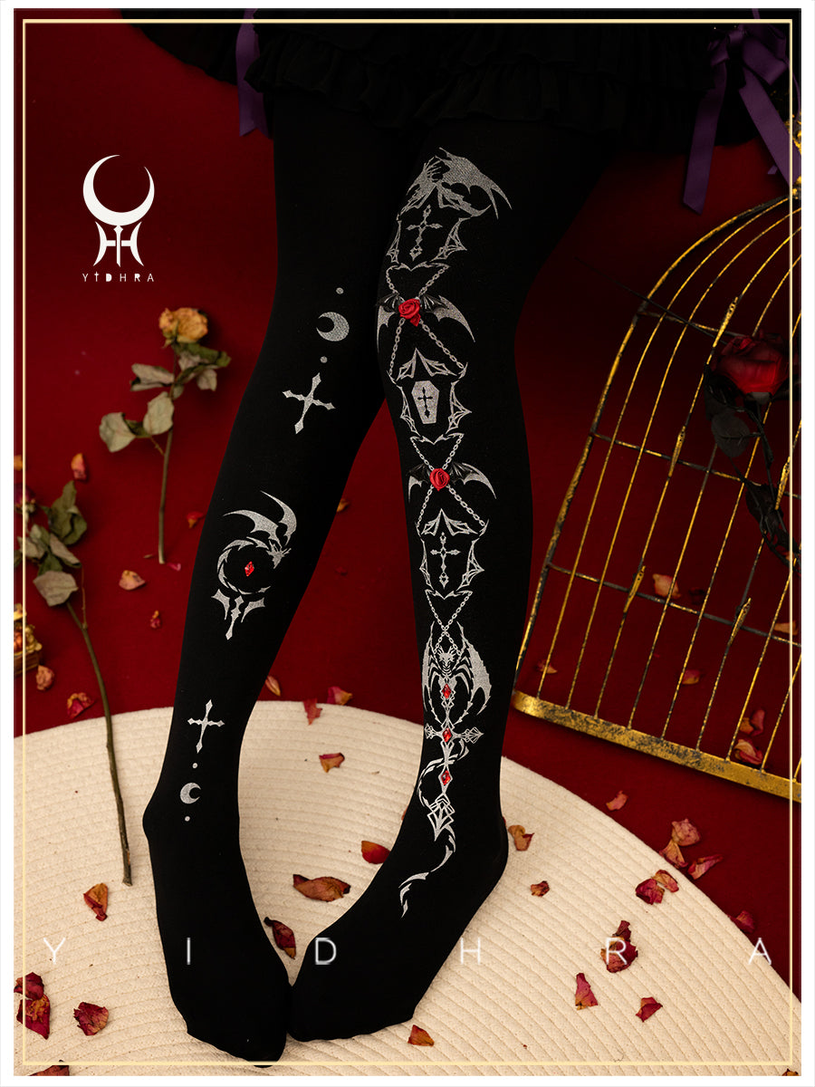 Yidhra~Dragon of Last Descent~Winter Lolita Pantyhose Goth Halloween Socks Free size Black Silver - Gorgeous Style 