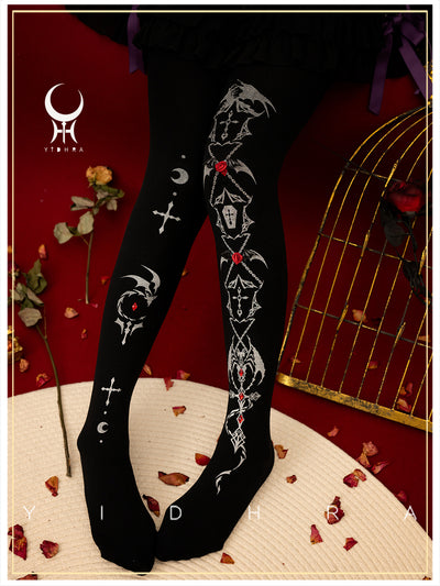Yidhra~Dragon of Last Descent~Winter Lolita Pantyhose Goth Halloween Socks 120D Velvet Style Black Silver - Gorgeous Style 