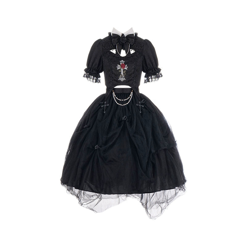 With PUJI~Evil Flower~Gothic Lolita Skirt Set Rose Embroidered Hollow Out Blouse 39596:631120