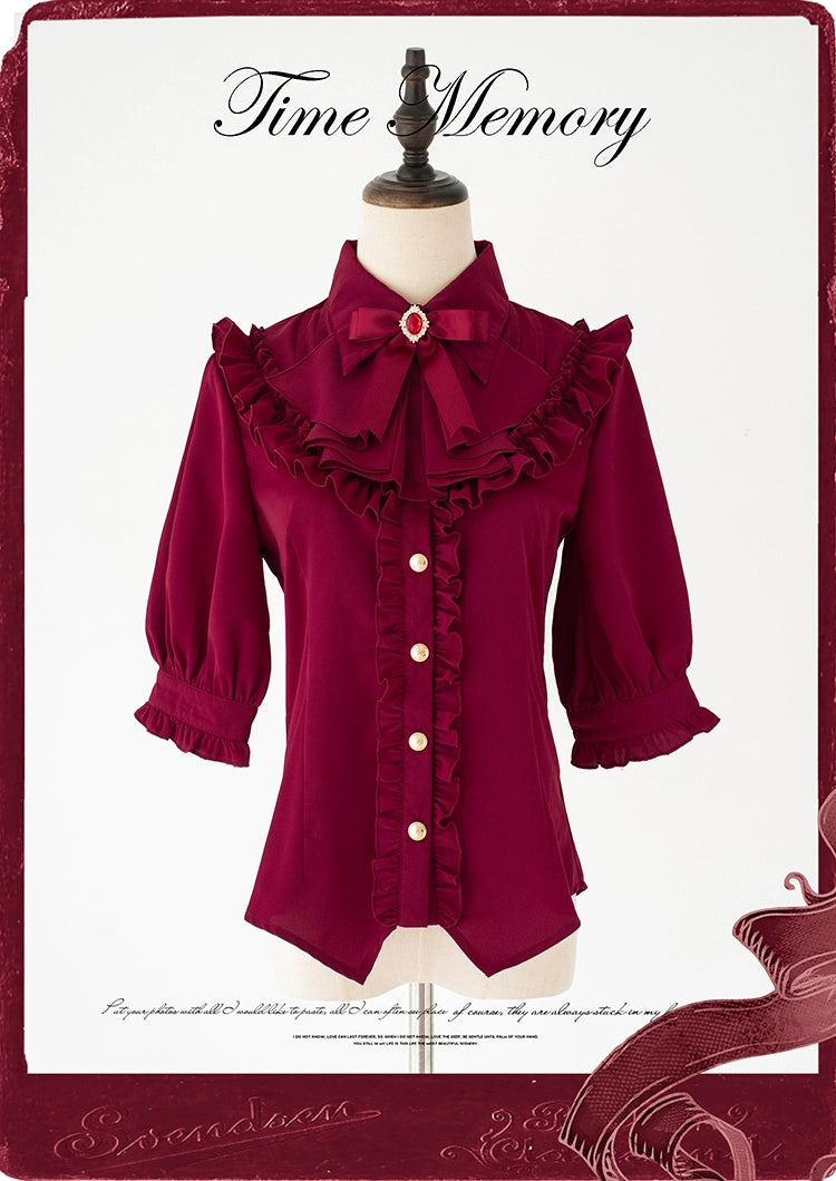 Time Memory~Earl Girl~Chiffon Classic Lolita Shirt with Mid-Length Mutton Sleeves Dark Red S