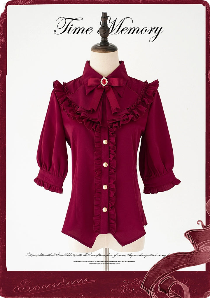 Time Memory~Earl Girl~Chiffon Classic Lolita Shirt with Mid-Length Mutton Sleeves Dark Red S