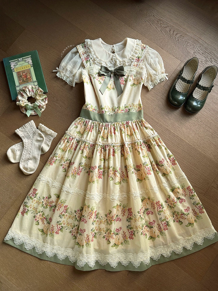 Surface Spell - Blooming Roses Over a Porch - Cotton Elegant Lolita JSK Dress, Floral Print