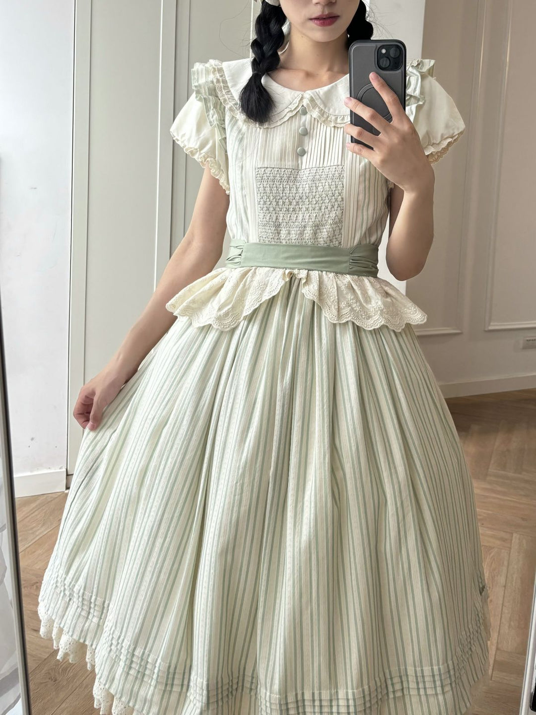 KOMOMO~Little Wild~Country Lolita OP Dress with Rattan Handbag and Hat OP + waist tie S