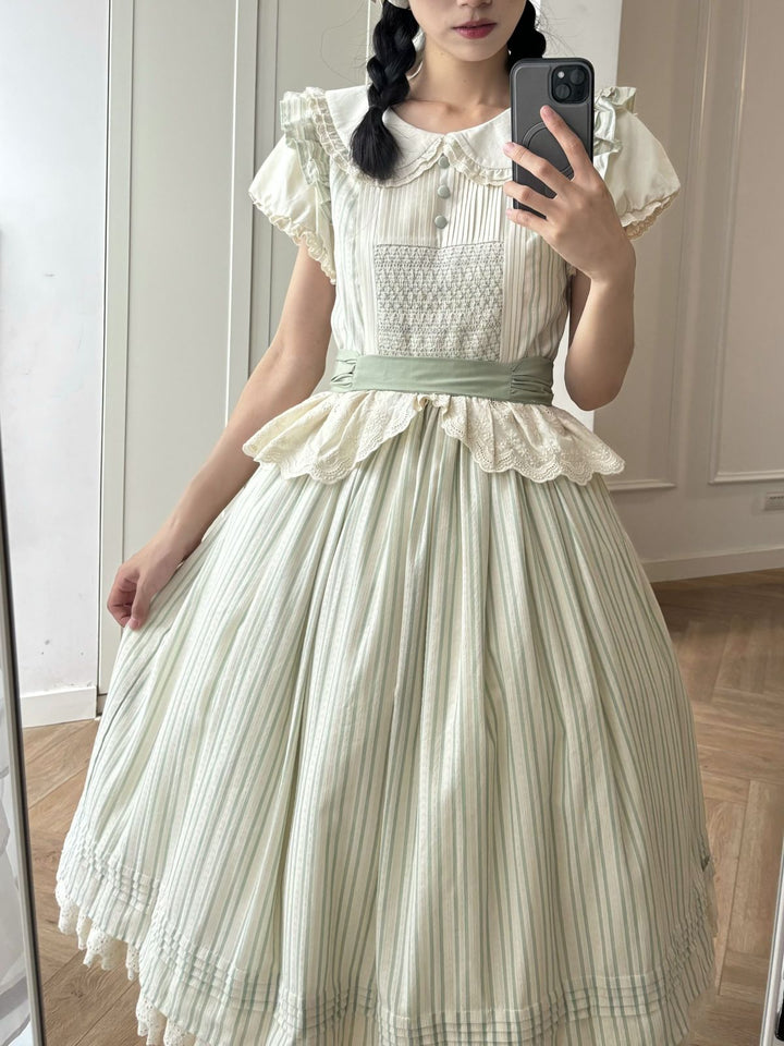KOMOMO~Little Wild~Country Lolita OP Dress with Rattan Handbag and Hat OP + waist tie S