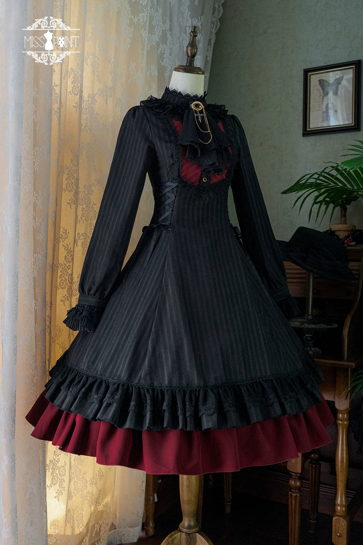 Miss Point~Perintz Manor~Gothic Lolita OP Long Sleeve Retro Lolita Dress XS Solid black with red 