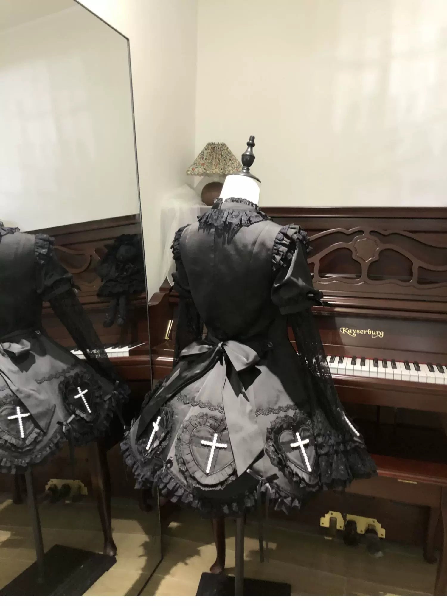 Nocthymn Cross - Gothic Lolita OP Dress with Pearled Cross, Detachable Sleeves 45813:863485