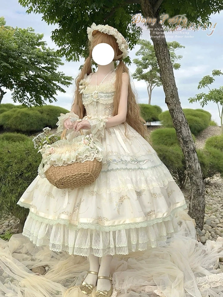 Daisy Poetry - Classic Lolita Lace JSK & OP Dress, Daisy Print and Embroidery 45825:864049