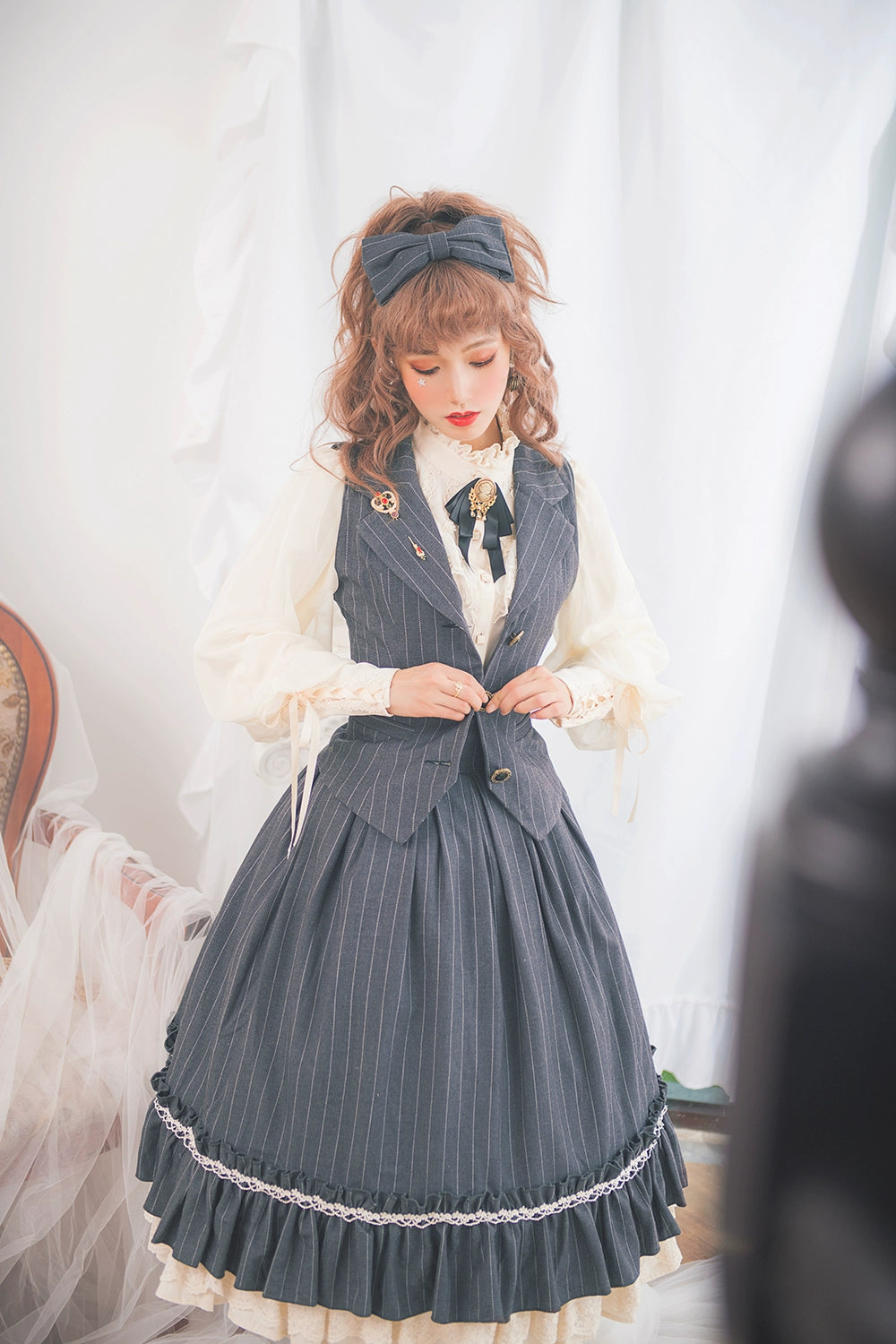 Miss Point~Rose Doll~Elegant Lolita Striped Fishbone Skirt XS gray 