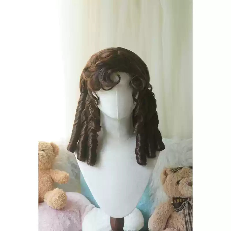 Imperial Tea~Retro Lolita Wig Short Roman Curl Hairpiece Dark brown curly bangs with hairnet