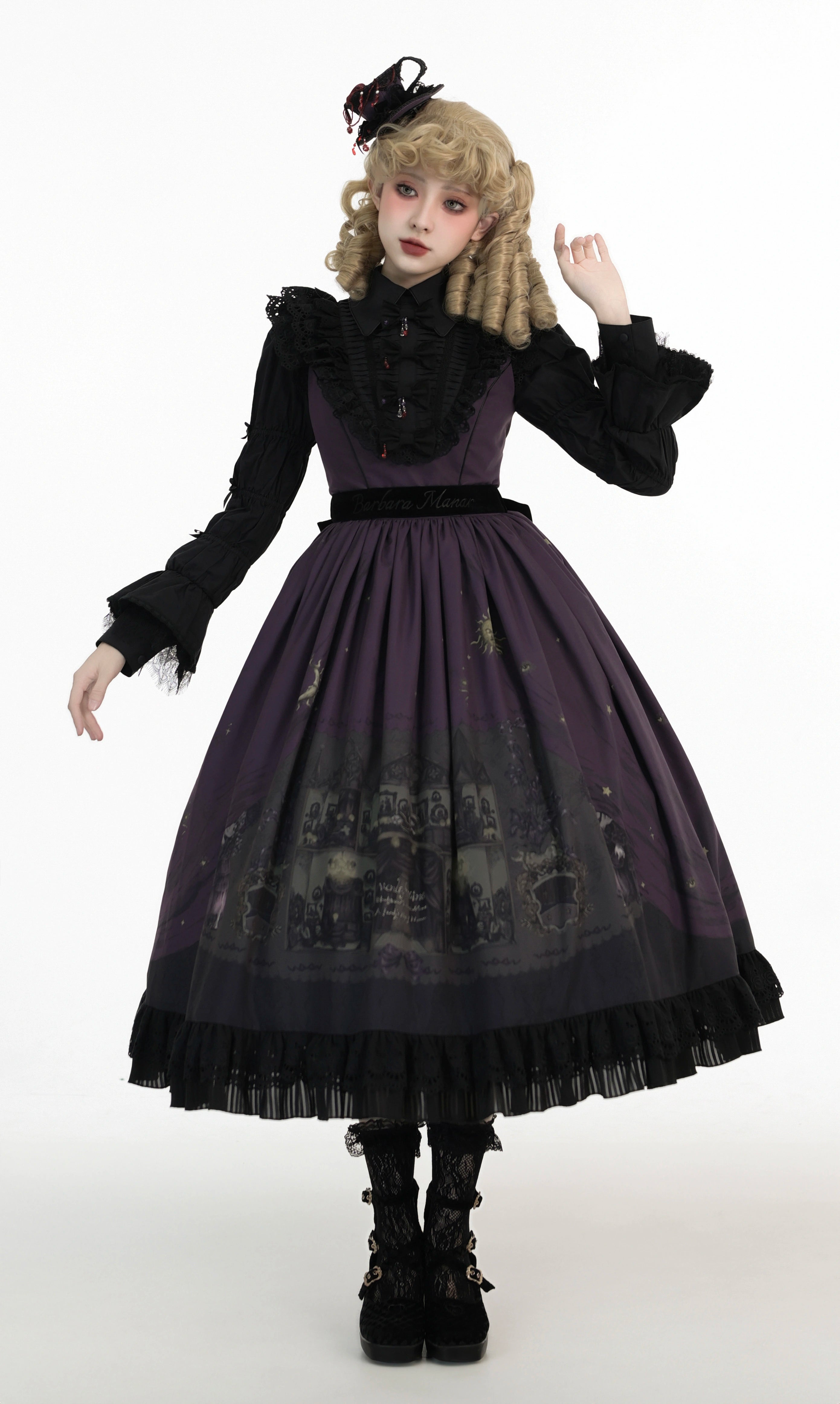 Dark Circle Clinic - Barbara Manor Night - Gothic Lolita JSK Pleated Floral Print Lolita Dress XS Black Purple - Long JSK