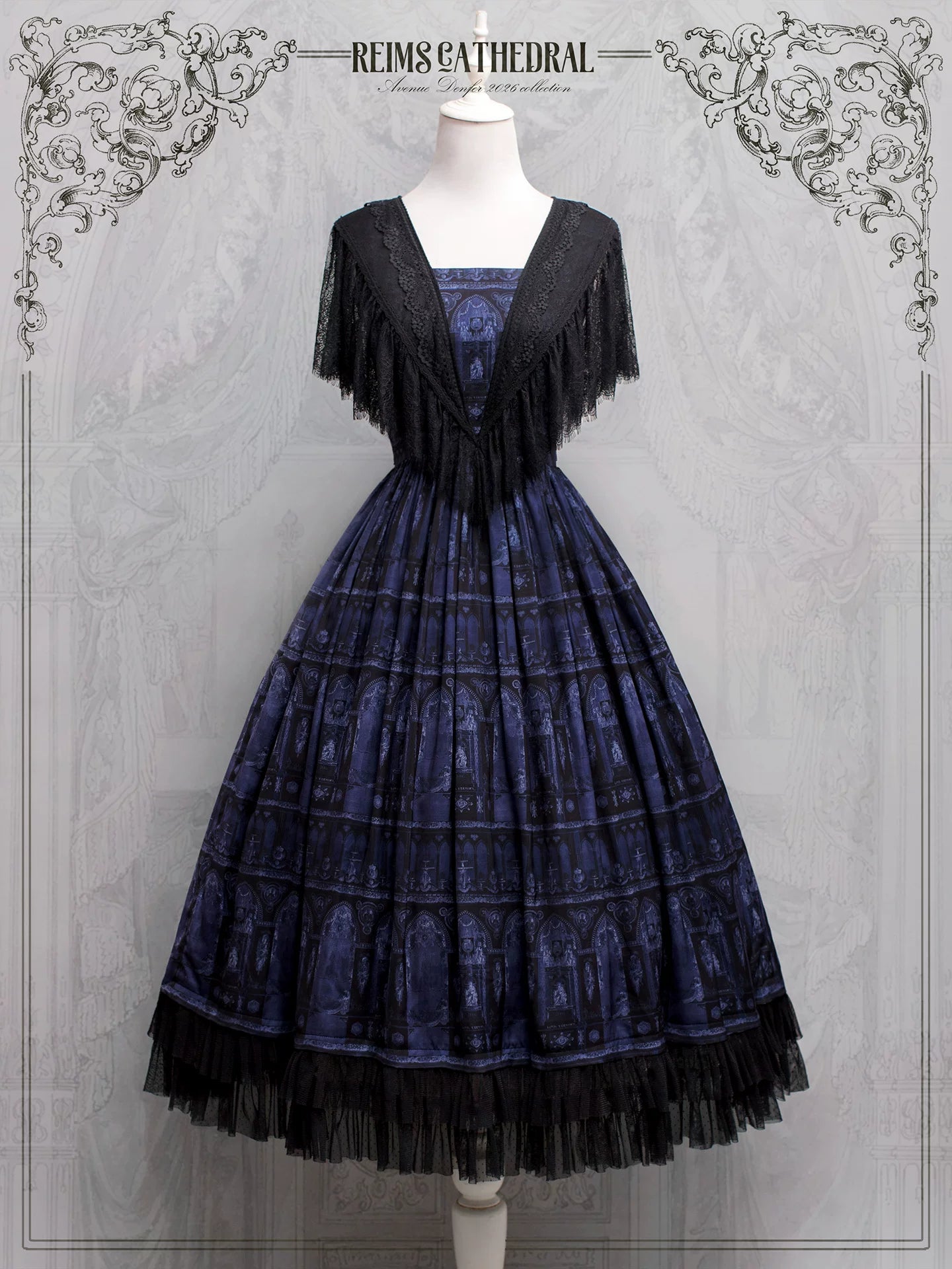 Reims Cathedral - Printed Classic Lolita Dress, Detachable Gauze Outlayer 44701:819186