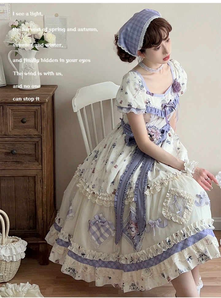 (BFM)Strawberry Fantasia~Blueberry Pie~Country Lolita OP Short Sleeve Floral Printing Dress   