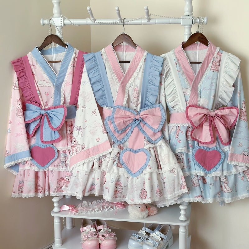 Niu Niu - Showa Moe Bear - Plus Size Wa Lolita Dress Set Kawaii Lolita SK Suit dark pink shoulder straps+blue waistband+blue bow+dark pink heart L