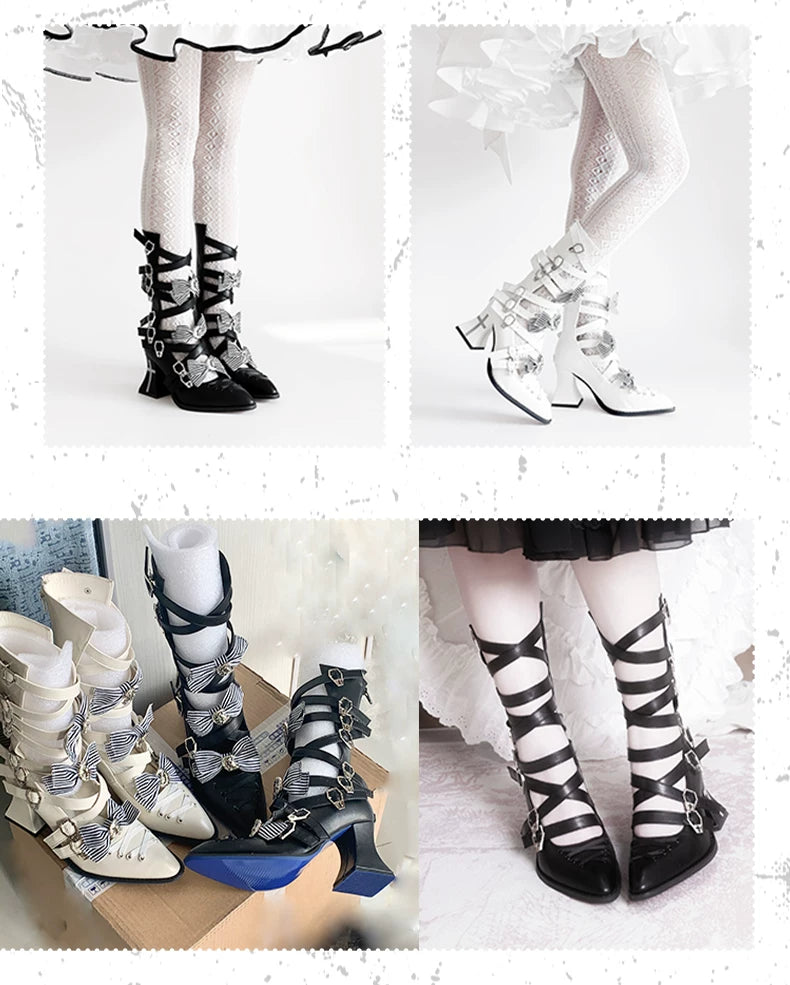 Moon-Raven Dream - Gothic Lolita Pointed Toe Heeled Boots, Cross Strap 45893:867079