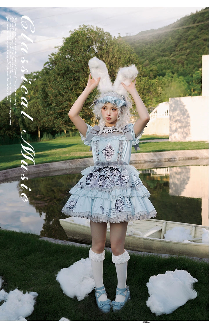 Honey Machine~Doll Theater~Sweet Lolita OP/JSK Bunny Print Daily Lolita Dress   