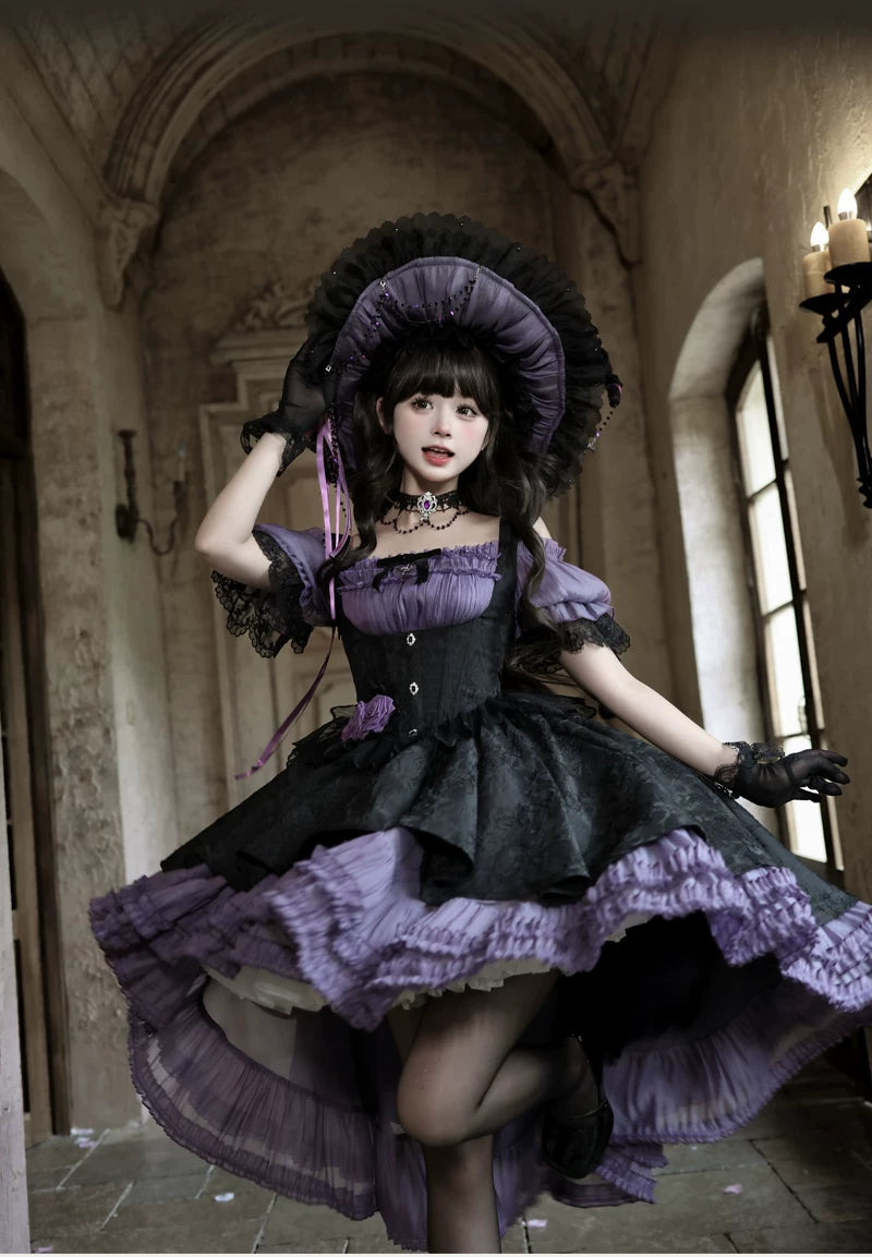 Rose Banquet - Gothic Lolita Boned Bust-supporting JSK Dress, High-low Hem 45815:863603