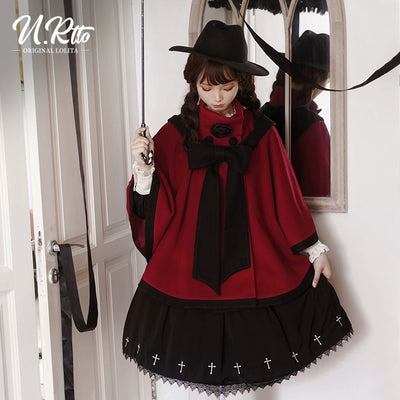 Urtto~Lolita Woolen Coat Autumn Winter Elegant Red and Cream Cloak   