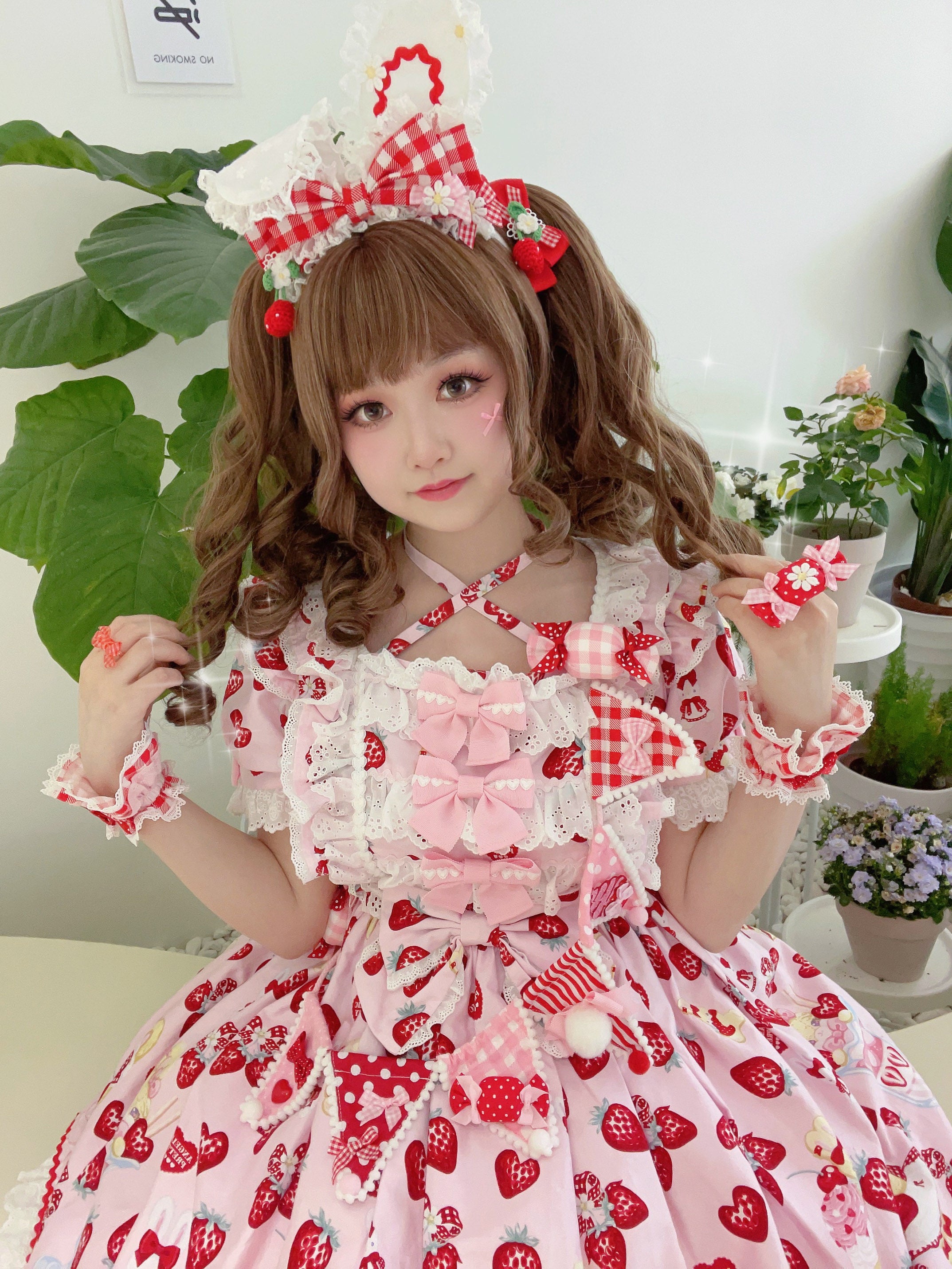 Cheese Cat - Sweet and Playful Strawberry Gingham Lace Cuffs