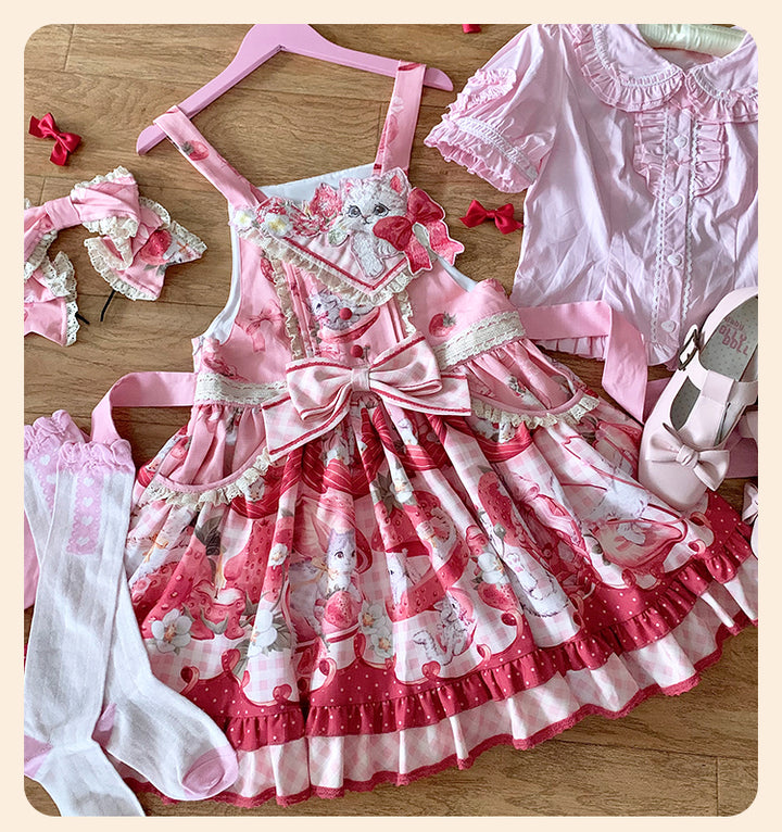 Mewroco~Strawberry Cat~Sweet Lolita Dress Suit JSK and Salopette with Cat Prints (L M S XL) 42105:726536