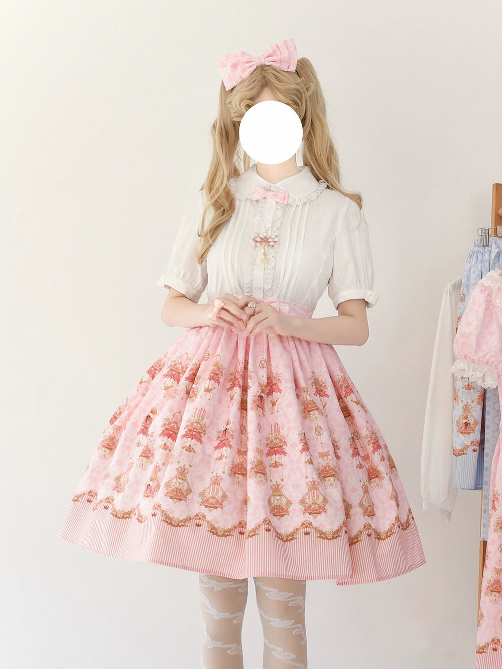 Strawberry Witch~Rose Garden Bunny~Daily Lolita Rose Bunny Printing OP JSK Dress Set S pink skirt 