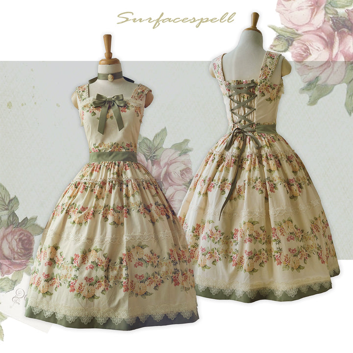 Surface Spell - Blooming Roses Over a Porch - Cotton Elegant Lolita JSK Dress, Floral Print JSK Only (without choker) S