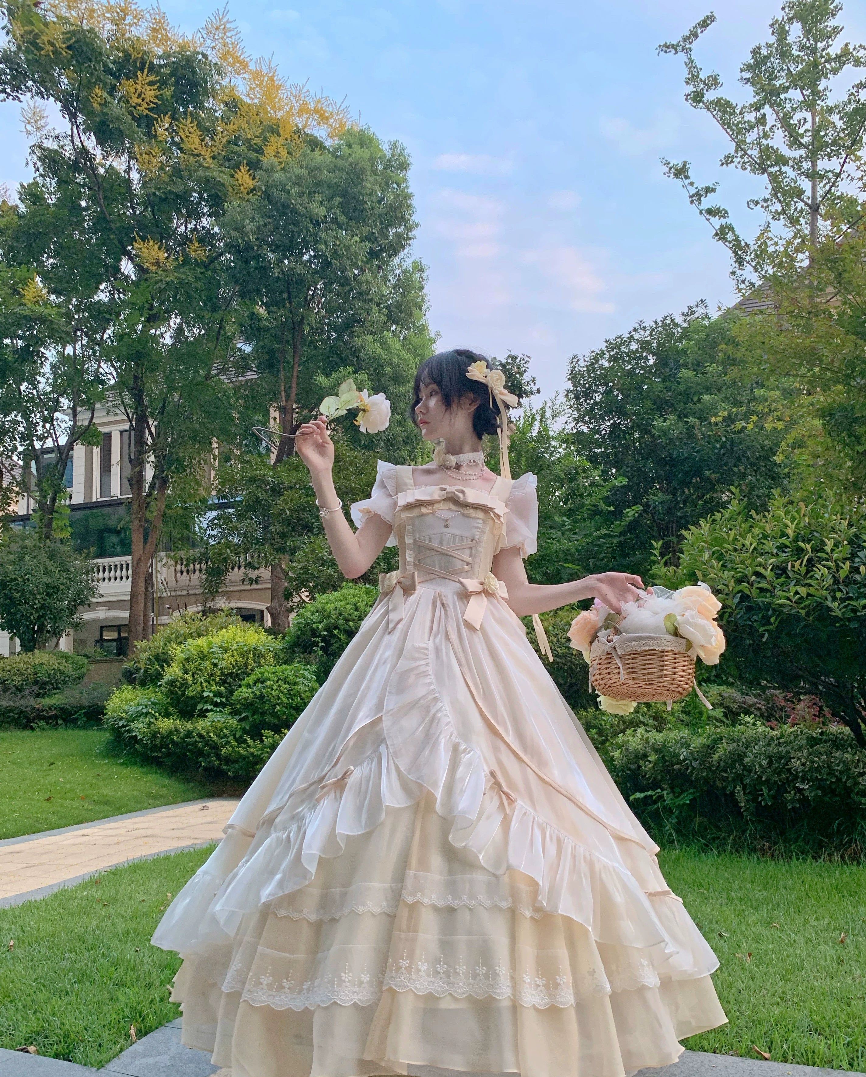 Flight Diary - Princess Lolita Dress Wedding Lolita OP and Daily Wear OP Pre-order XS Only Longer Wedding Lolita OP - Ivory (Bubble Sleeves) (No Trailing)
